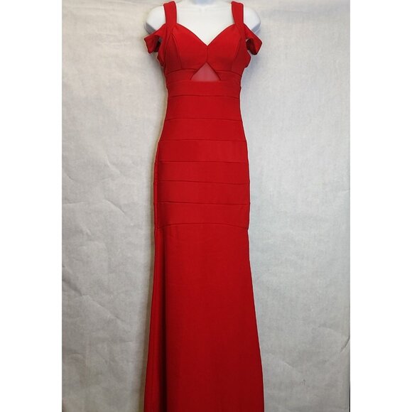 EMERALD SUNDAE Mermaid Bandage Maxi Dress S Red Mesh Cold Shoulder Bodycon Gown - Picture 1 of 16